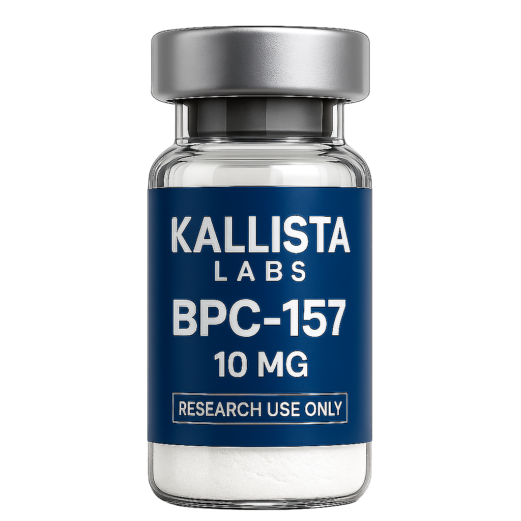 Vial labeled 'Kallista Labs BPC-157 10 MG' with a blue label on a white background