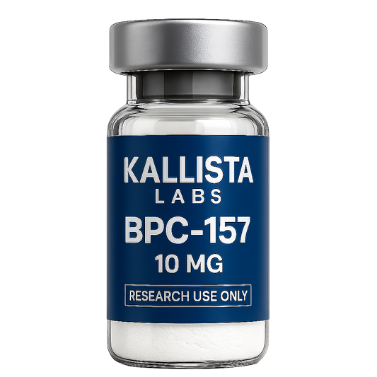 Vial labeled 'Kallista Labs BPC-157 10 MG' with a blue label on a white background